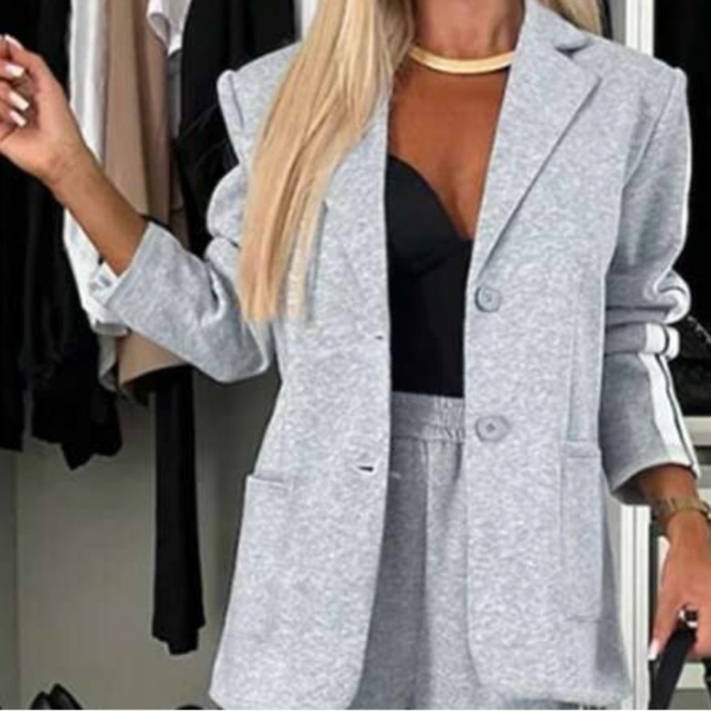 SHEIN Light Gray Blazer with White Stripe Sleeve Accent